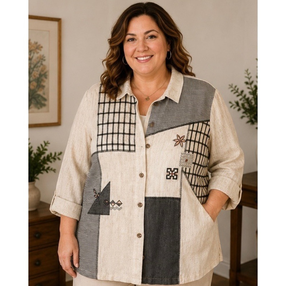 Vintage Koret Patchwork Embroidered Button Front Shirt 22W Beige Mixed Media